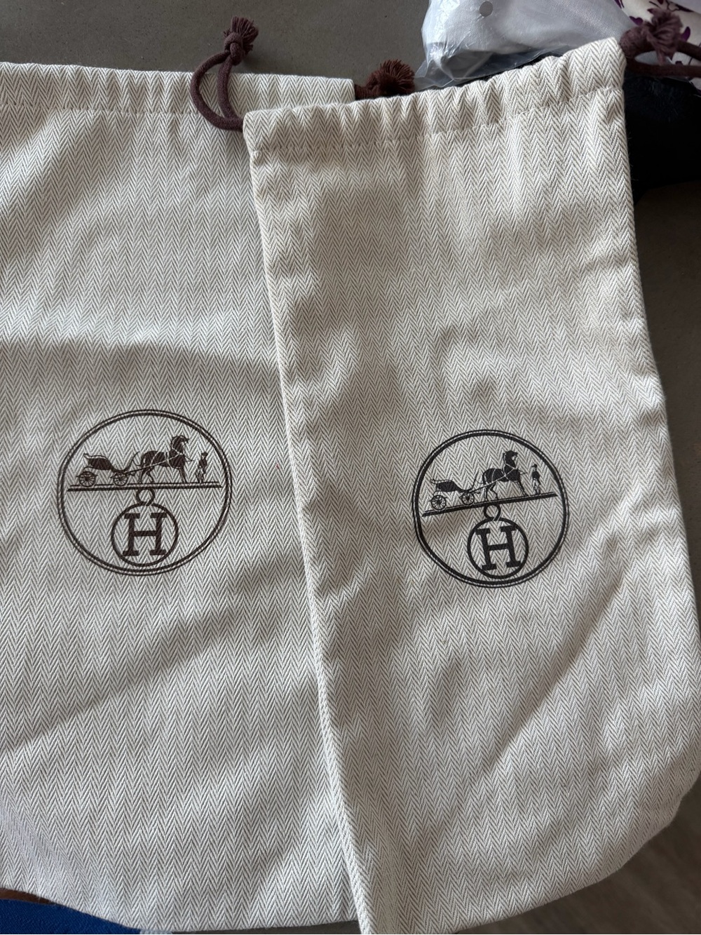Hermes Cream Drawstring Logo Dust Bags with Brown Accents